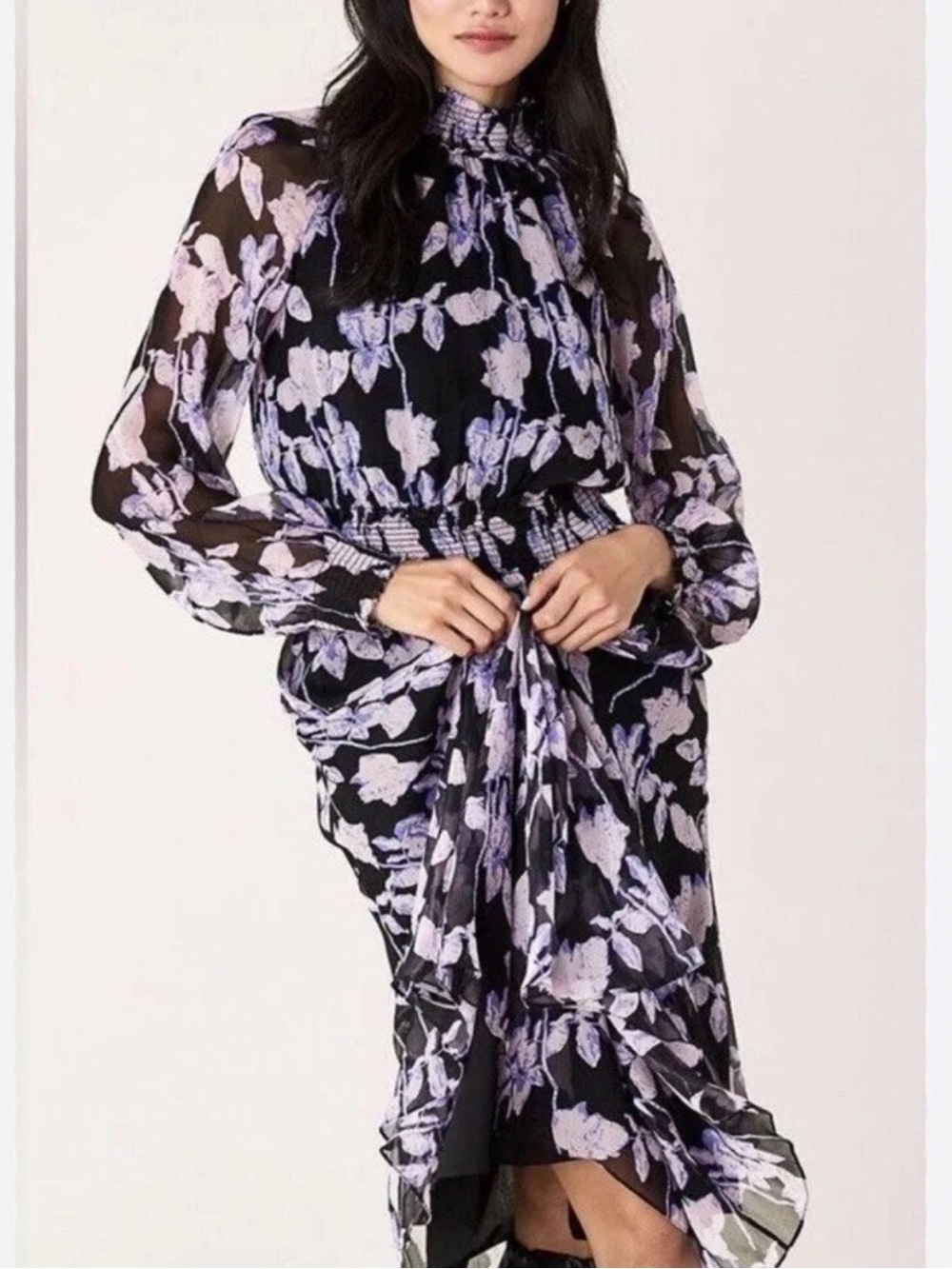 O.P.T Purple floral High Neck Smock Midi Flowy Dress Size XS